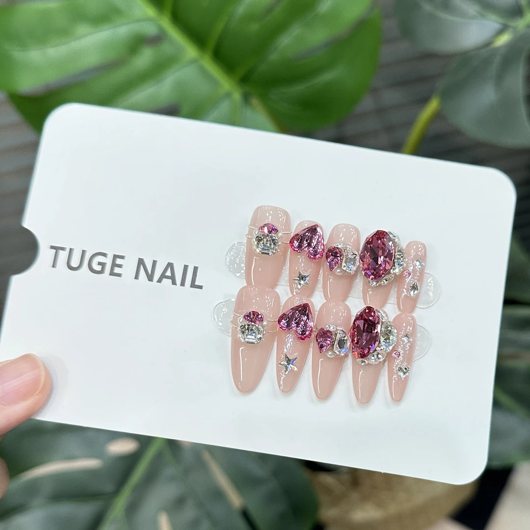 TugeNail“时光恋曲”夏日超闪粉色爱心钻纯手工穿戴甲TG1101