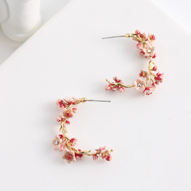 铜合金珐琅耳饰 粉色樱花大耳圈高级感耳饰欧美轻奢气质新款女