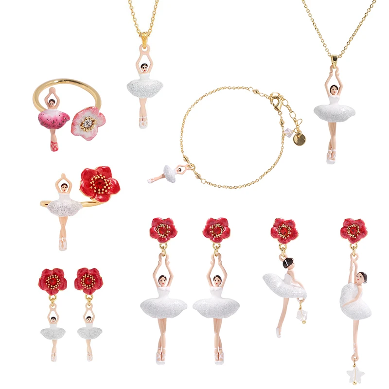 铜合金吊坠 芭蕾女孩银色渐变裙摆红色花朵耳饰/项链/戒指