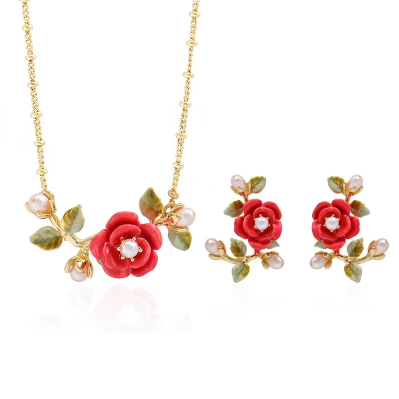 铜合金珐琅耳饰 卡罗拉玫瑰珊瑚色枝叶耳钉女S925银针耳夹大项链