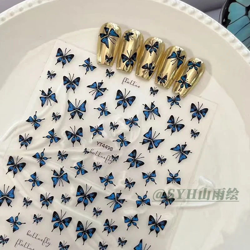 爆款蓝色手绘蝴蝶ins深蓝浮雕立体美甲贴纸纯欲背胶指甲装饰贴花