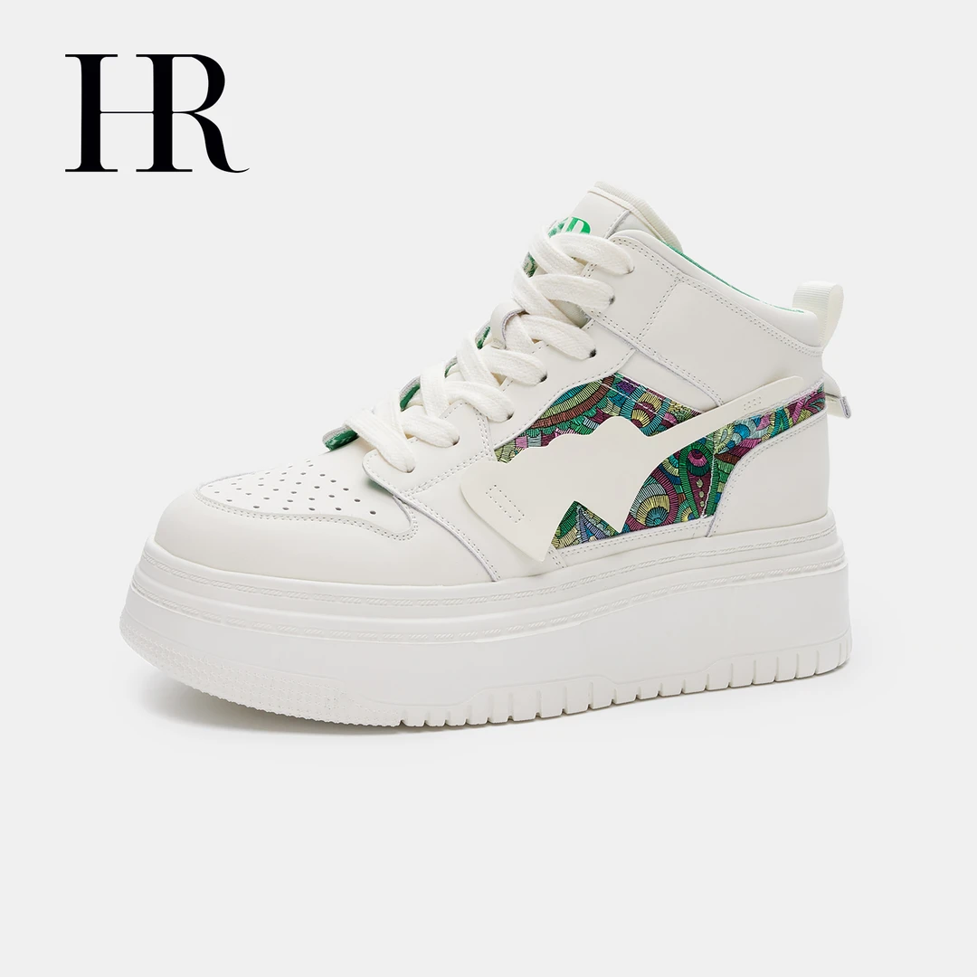 HR/赫莲娜厚底高帮鞋女2024新款春季百搭刺绣松糕鞋休闲小众板鞋