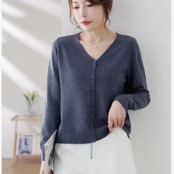 女士V领开衫毛衣9007