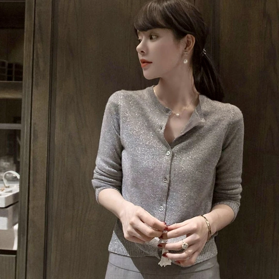 新款莱赛尔天丝春秋长袖针织衫开衫气质女款时尚意大利纱线上衣