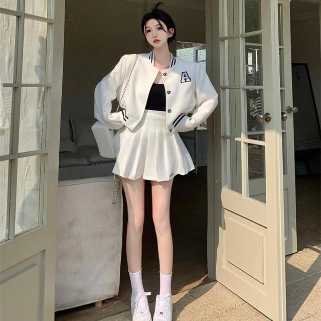 小个子减龄套装女2023春新款时尚学院风立领棒球服外套百褶半身裙