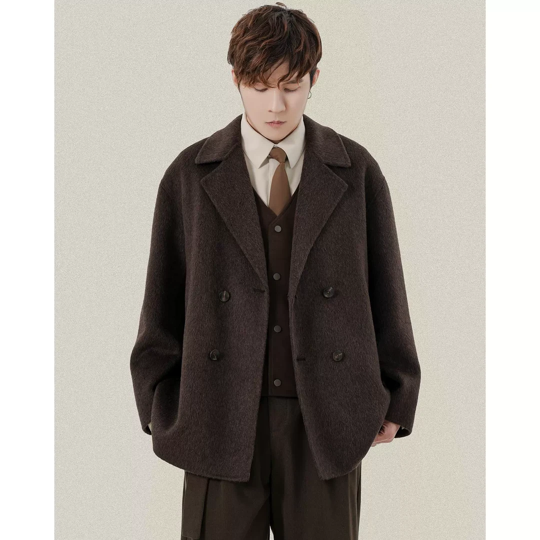一手长双面呢西装外套毛呢大衣男短款冬季绵羊毛呢子设计宽松外套