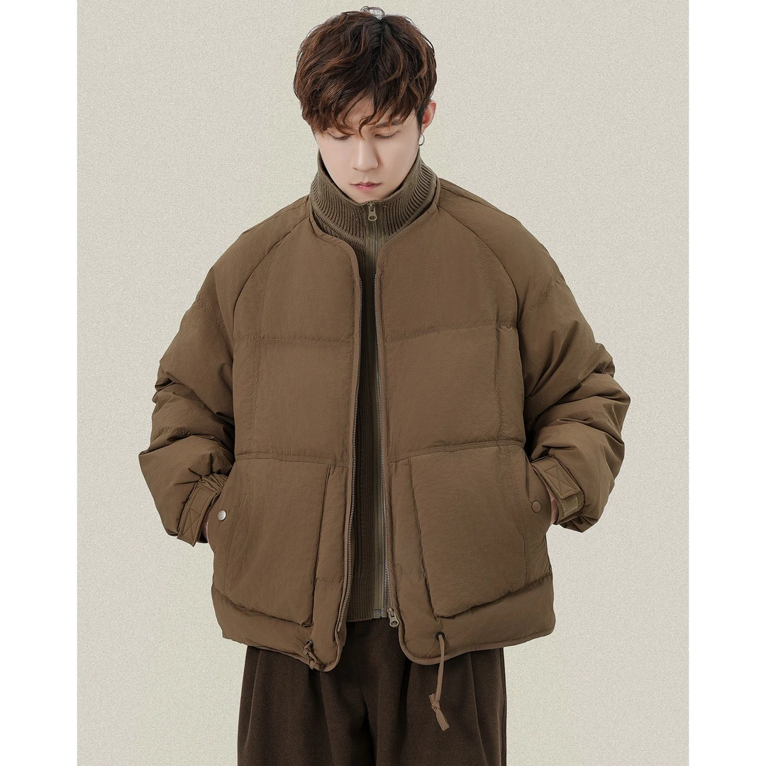 针织立领假两件拼接短款羽绒服冬季厚款男士保暖白鸭绒夹克潮外套