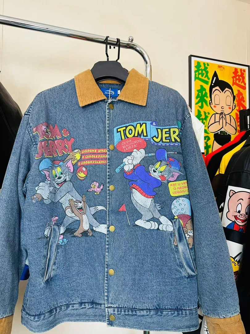 【KX8推荐】童趣牛仔 美式复古撞色拼接翻领牛仔外套男女加棉夹克