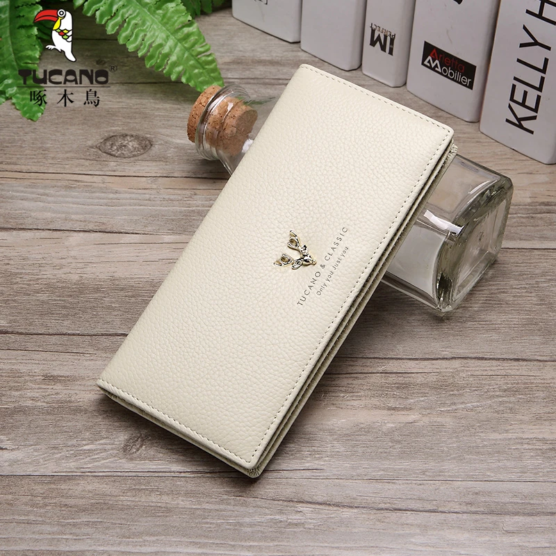 啄木鸟时尚百搭真皮女士钱包薄小众设计长款卡包一体包零钱包皮夹