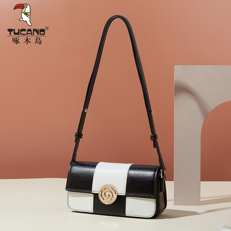 啄木鸟包包女2024新款高级质感单肩腋下包小众设计黑白撞色斜挎包