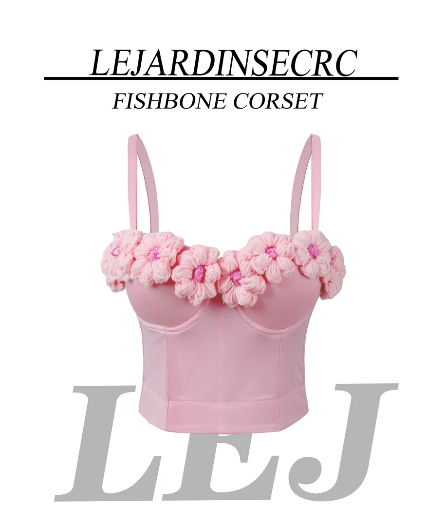 【法式内搭】粉色甜妹针织花朵少女外穿胸衣钩内搭鱼骨文胸吊带
