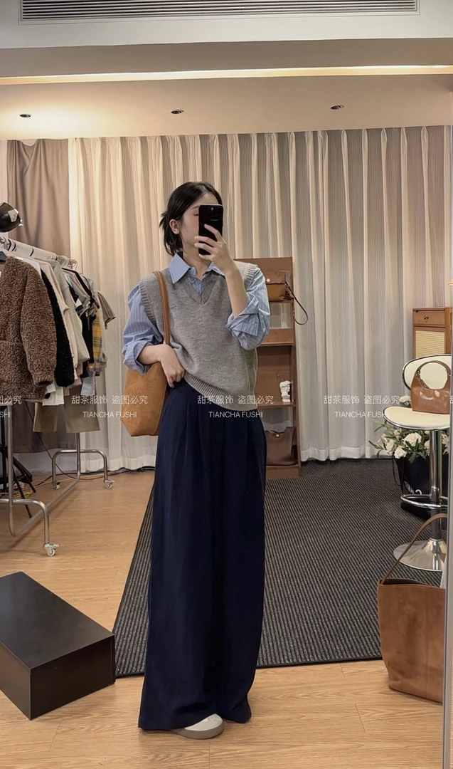 sweet c实穿【韩剧女主】长袖衬衫拼接针织衫女设计感气质百搭Q823#