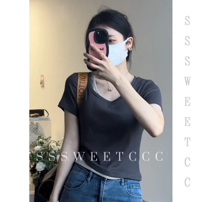 短袖t恤女休闲修身假两件上衣
