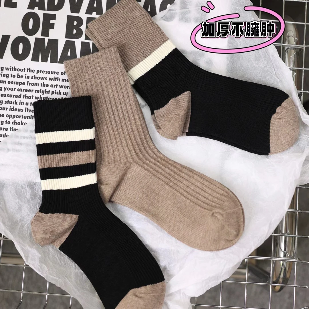 十三日季双针女袜-1393摩卡色手工对目双针加厚保暖棉袜女袜