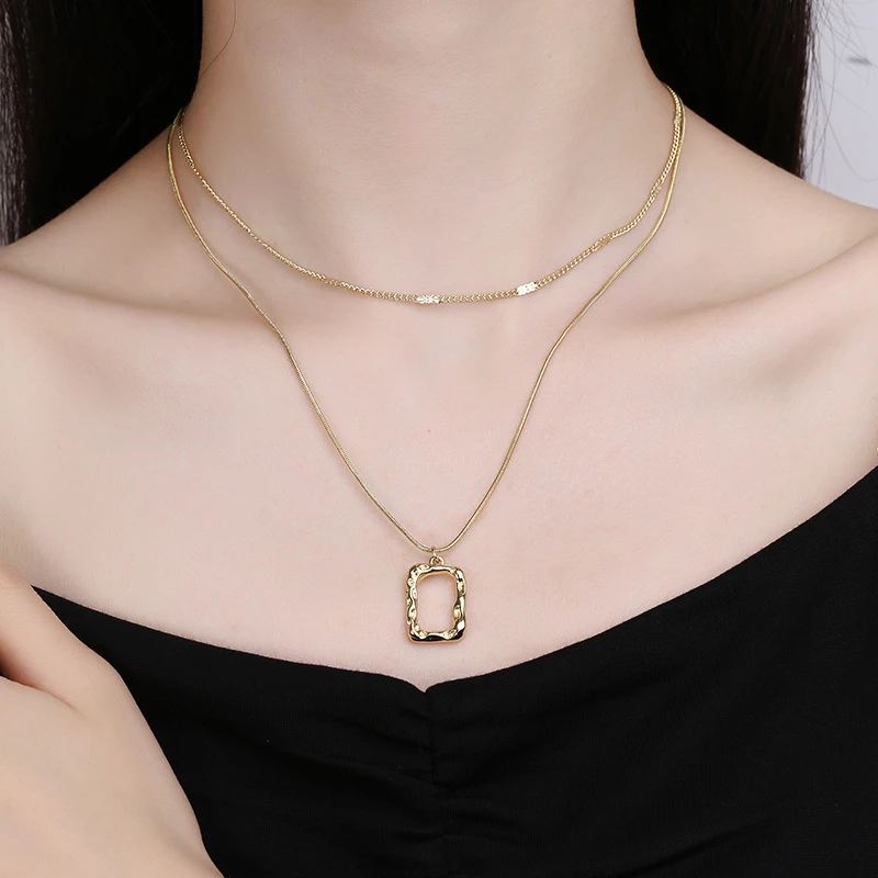 钛钢项链 双层叠戴项链女2024 爆款方块轻奢小众锁骨链高级感颈链