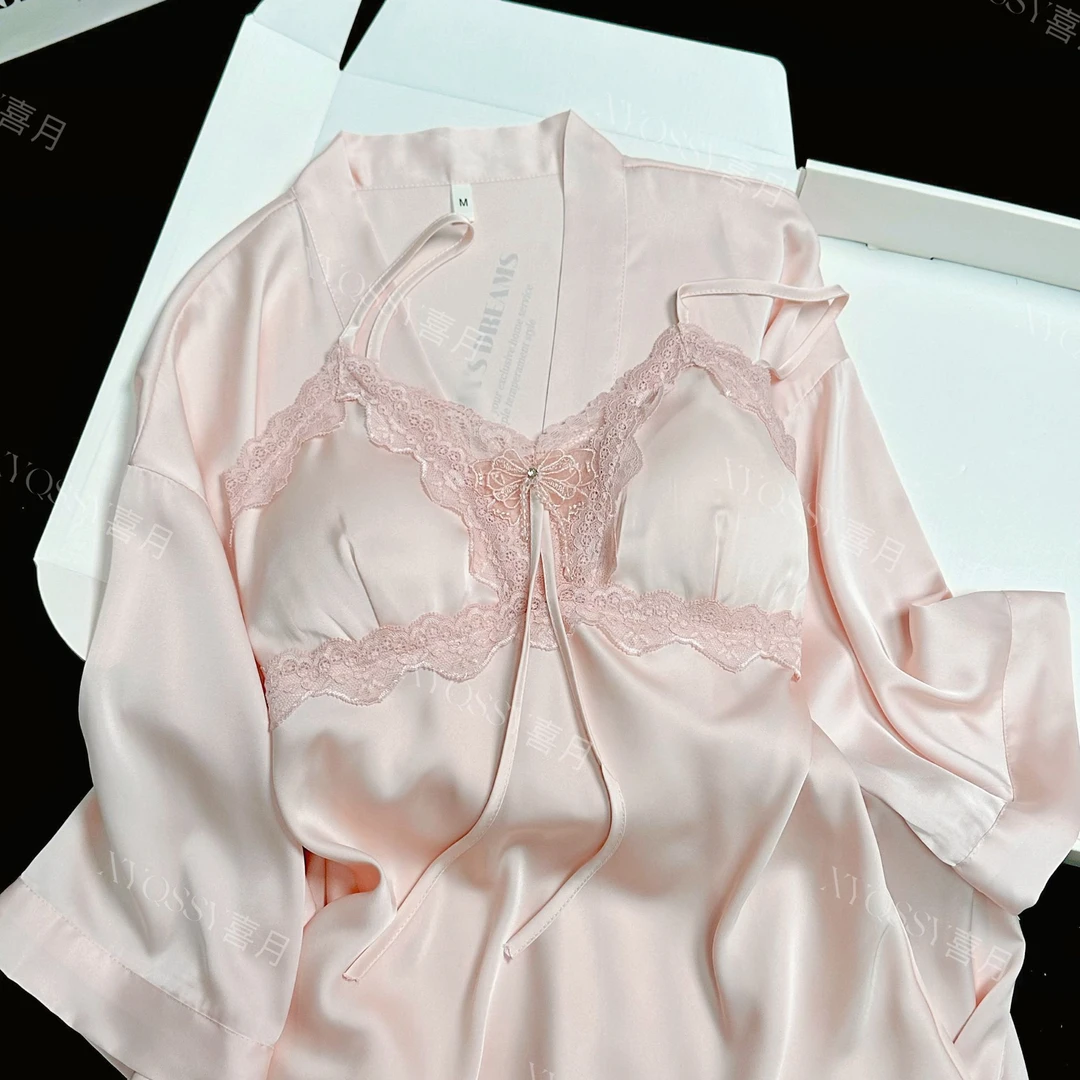 樱韵新款睡衣女性感蕾丝冰丝吊带睡裙轻奢带胸垫高级感睡袍两件套