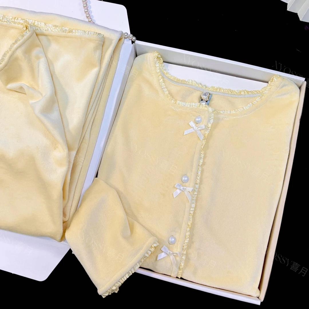 蜜糖秋冬甜美少女睡衣长袖女蝴蝶结舒适海岛绒家居服套装可外穿