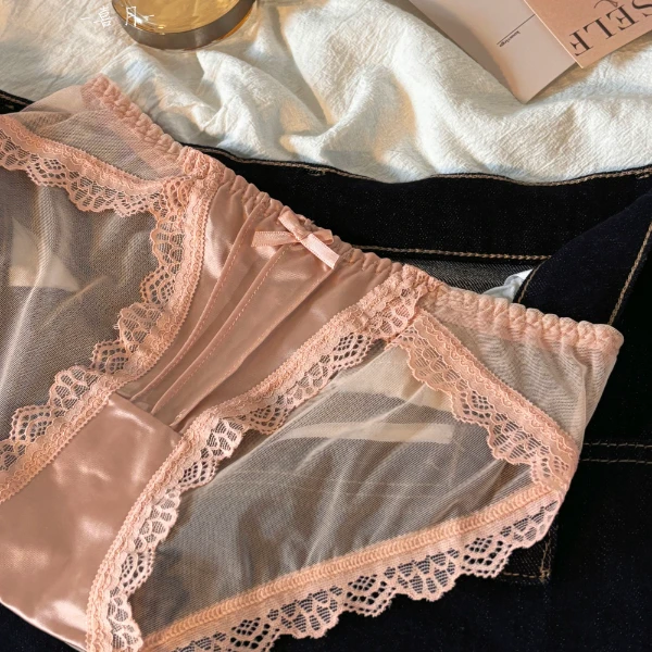 秋冬新款性感蕾丝棉裆内裤女法式复古缎面网纱女士三角裤低腰透气