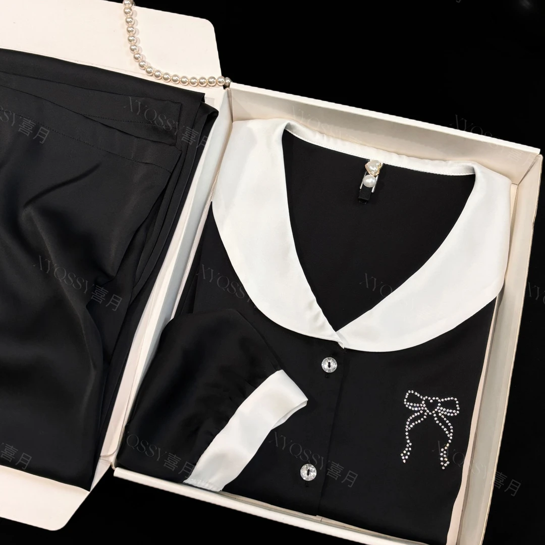 莉莉安冰丝睡衣女新款春秋简约烫钻套装长袖气质新款可外出家居服