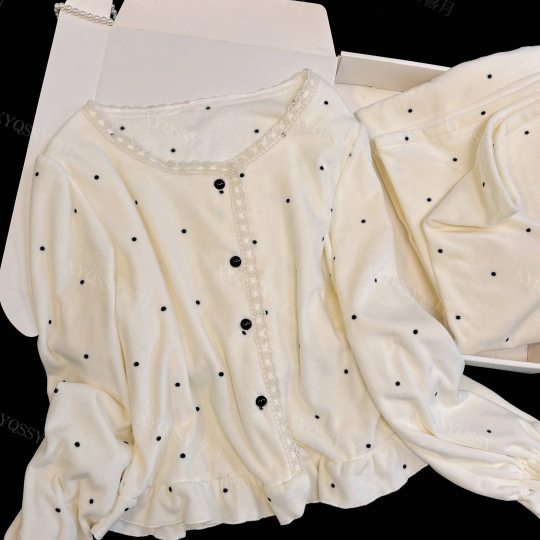 风铃海岛绒睡衣女秋冬甜美蕾丝可爱风波点加绒舒适可外穿家居服