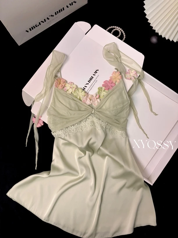 花漾法式性感睡衣女新款夏季纯欲风A裙带胸垫露背吊带睡裙居家服