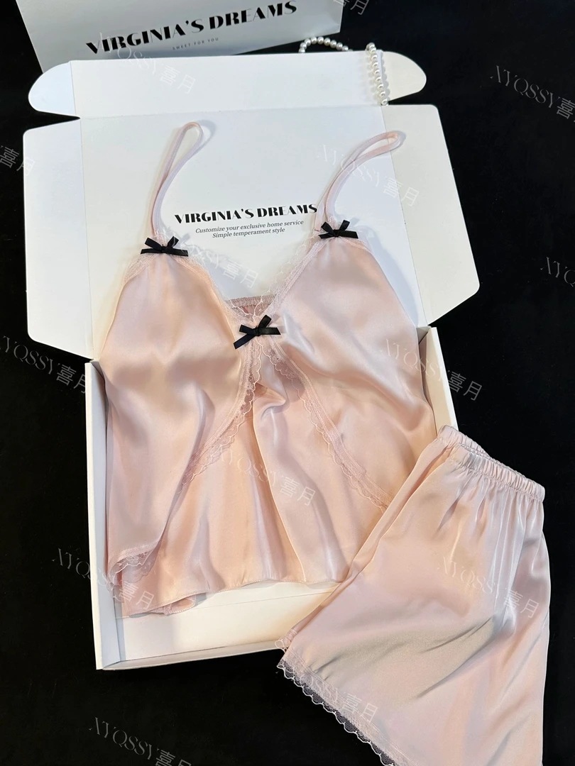 粉锯法式纯欲吊带睡衣女夏季冰丝性感蕾丝边带胸垫套装薄款家居服