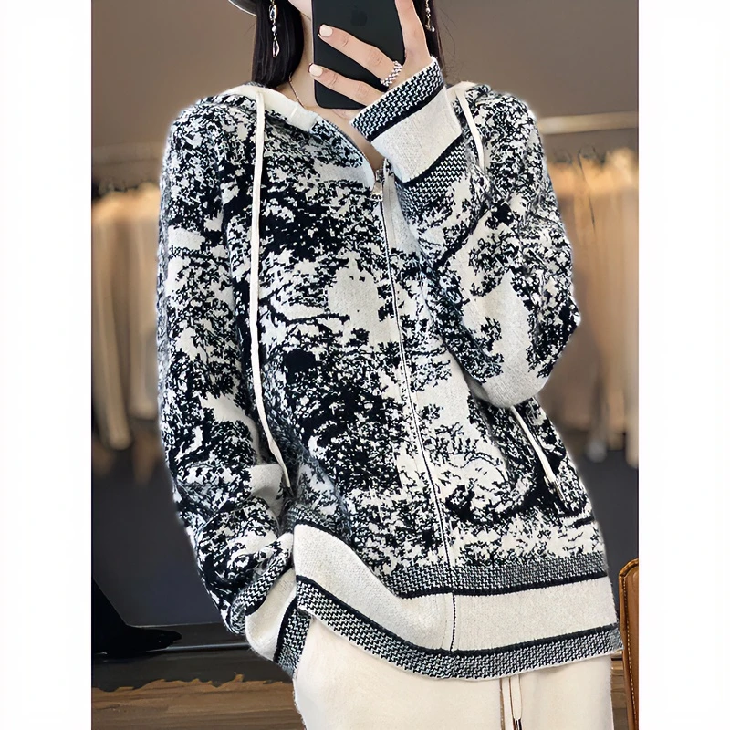 【新品】重工100羊毛水墨画提花拉链连帽衫时尚百搭休闲长袖秋冬