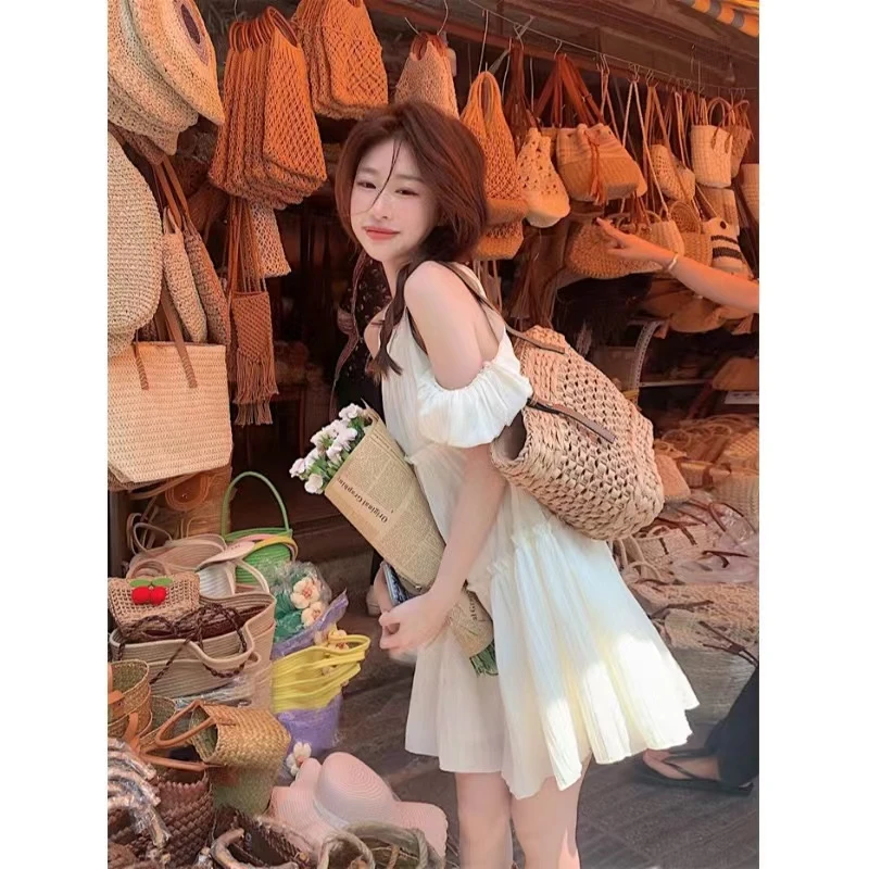 少女感满满的甜美风2023年夏季新款露肩小个子穿搭显瘦气质连衣裙