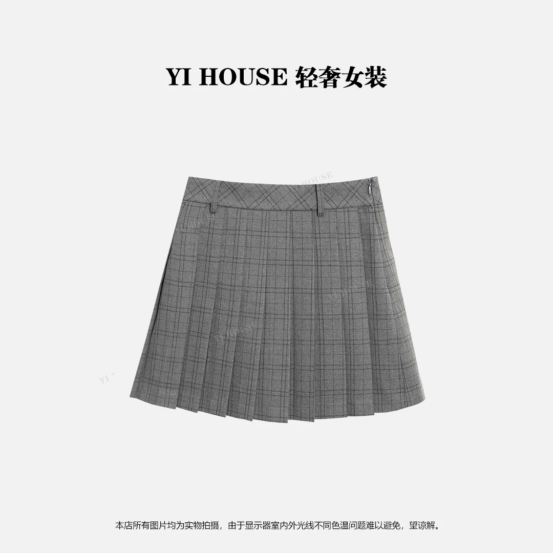 Yihouse2024秋季新款复古气质学院风减龄防走光格子百褶裙半身裙