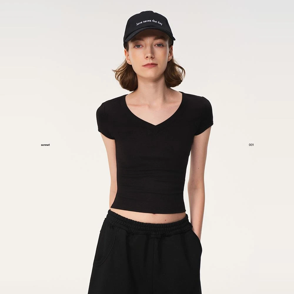 asomesome美式通勤修身正肩V领短袖T恤女基础内搭显瘦上衣打底衫