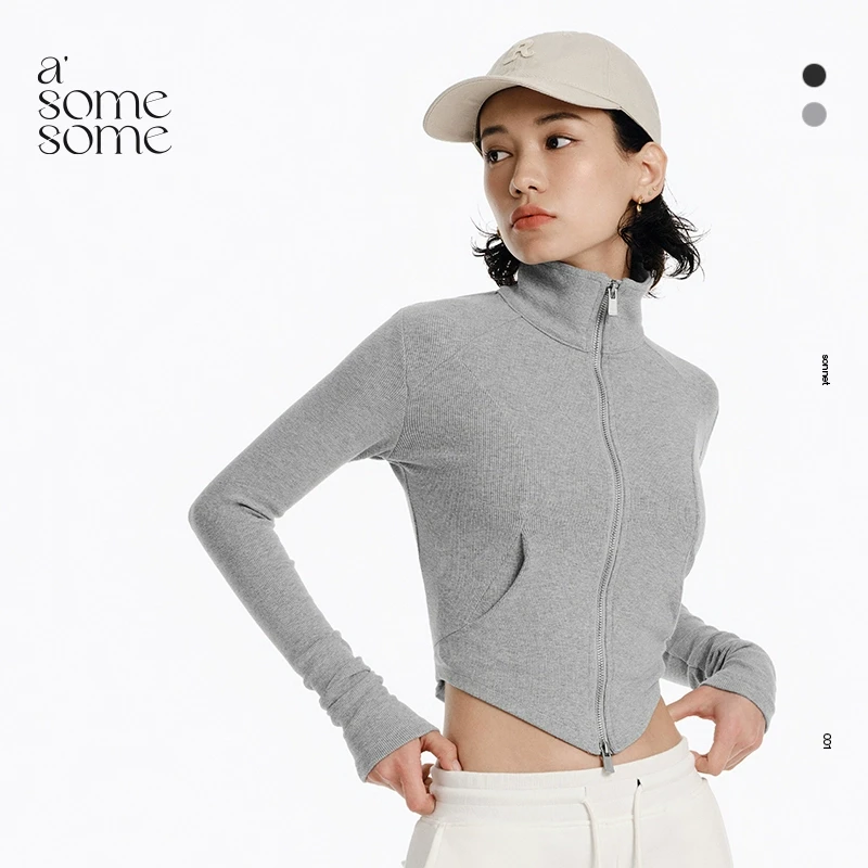 asomesome美式修身拉链瑜伽夹克外套女秋冬翻领显瘦运动外套上衣