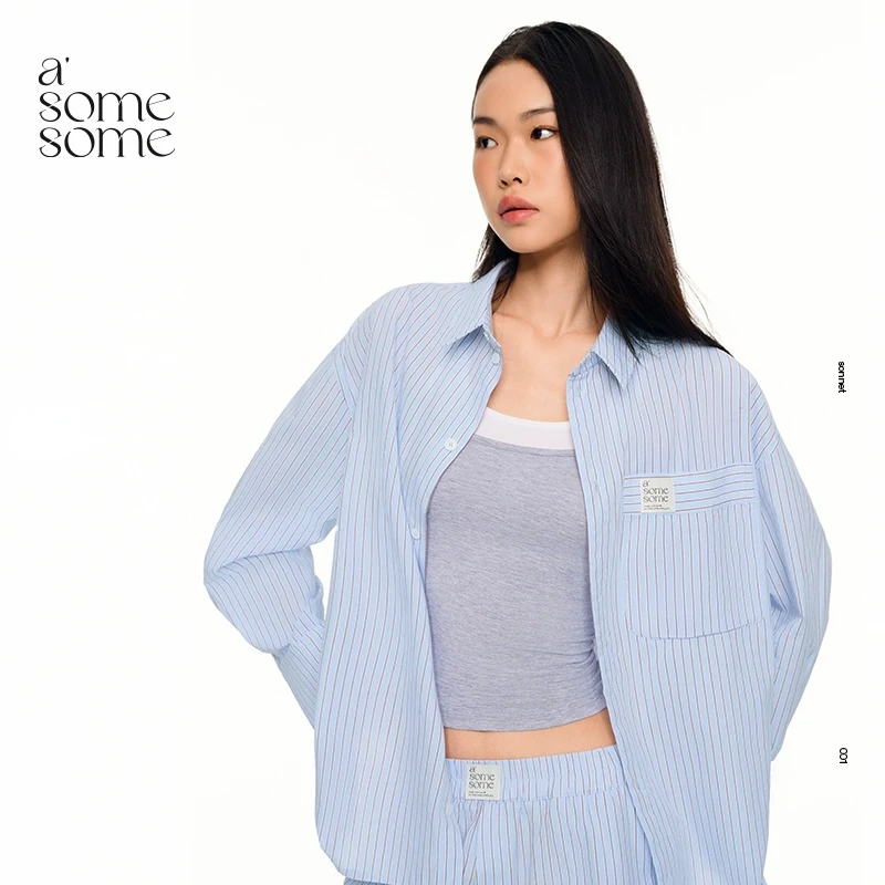 asomesome美式蓝色条纹长袖衬衫长裤女薄款休闲百搭宽松衬衣
