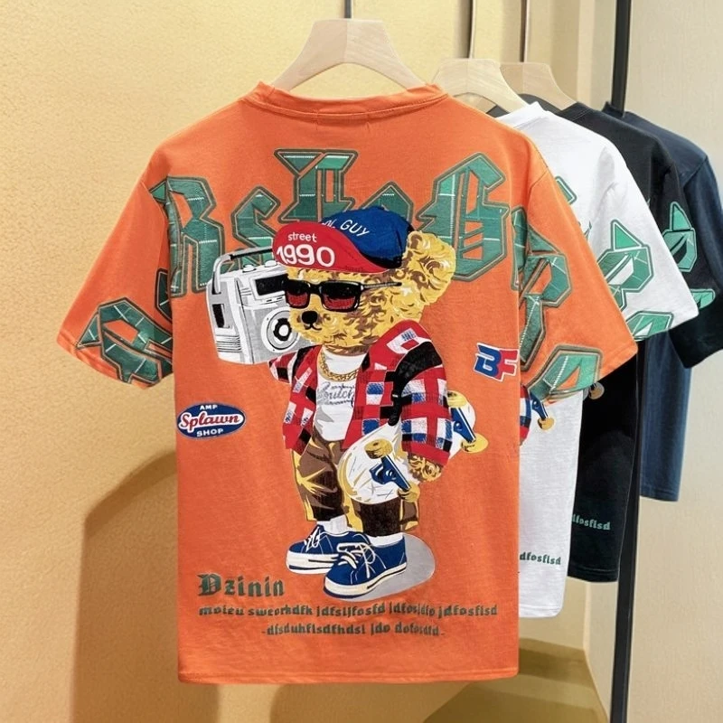 2024夏季潮流男士卡通大码印花短袖T恤潮男圆领百搭圆领套头上衣T