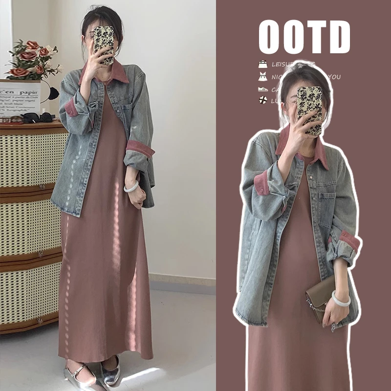 孕妇装秋装新款牛仔外套+休闲针织背心孕妇连衣裙怀孕显瘦衣服潮