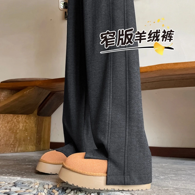 孕妇裤子秋冬季新款加绒加厚人字纹开叉拖地长裤外穿休闲窄版直筒
