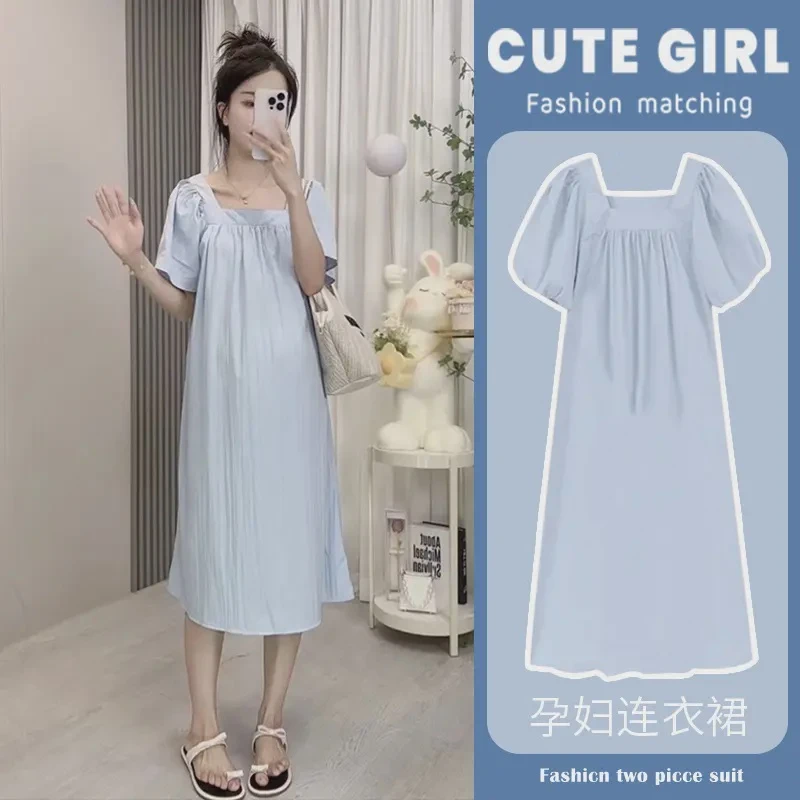 孕妇连衣裙夏季时尚2025新款孕妇裙子夏天泡泡袖薄款中长款裙潮妈
