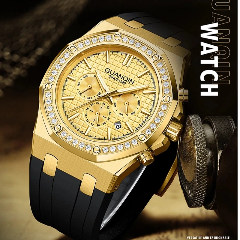 【正品冠琴】奢华镶钻硬核八边形男士多功能全自动防水全自动机械表