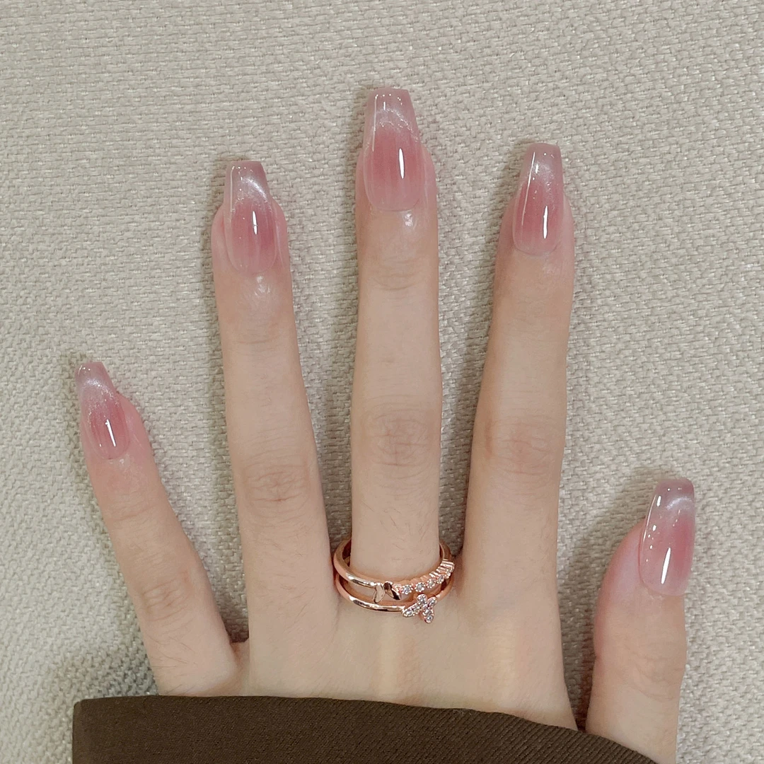 南桥映月 手工穿戴甲裸粉色猫眼中梯通勤气质温柔显白美甲贴片