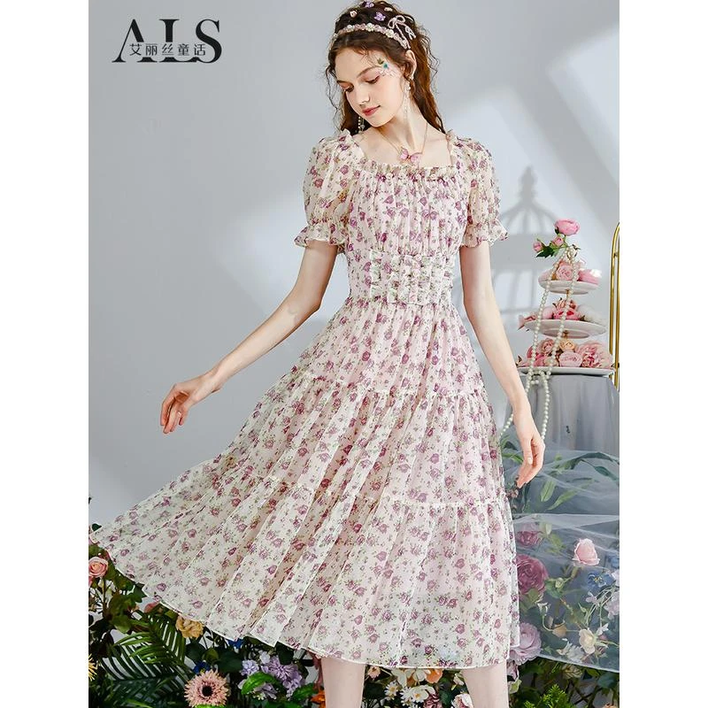 艾丽丝2024夏季新款仙气短袖连衣裙女优雅网纱碎花中长款公主