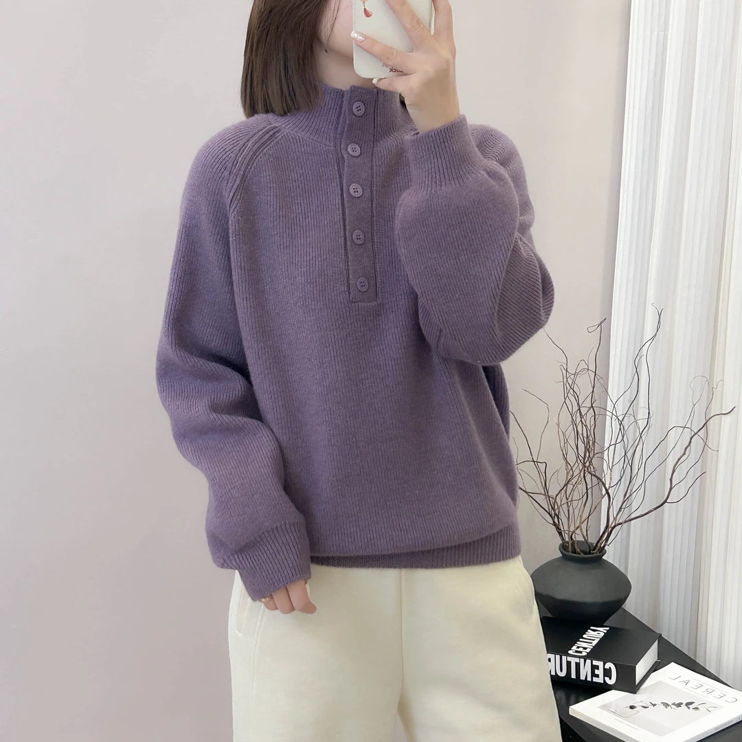 插肩袖半开门禁纯色半高领针织打底衫秋冬季新款宽松韩版毛衣内搭