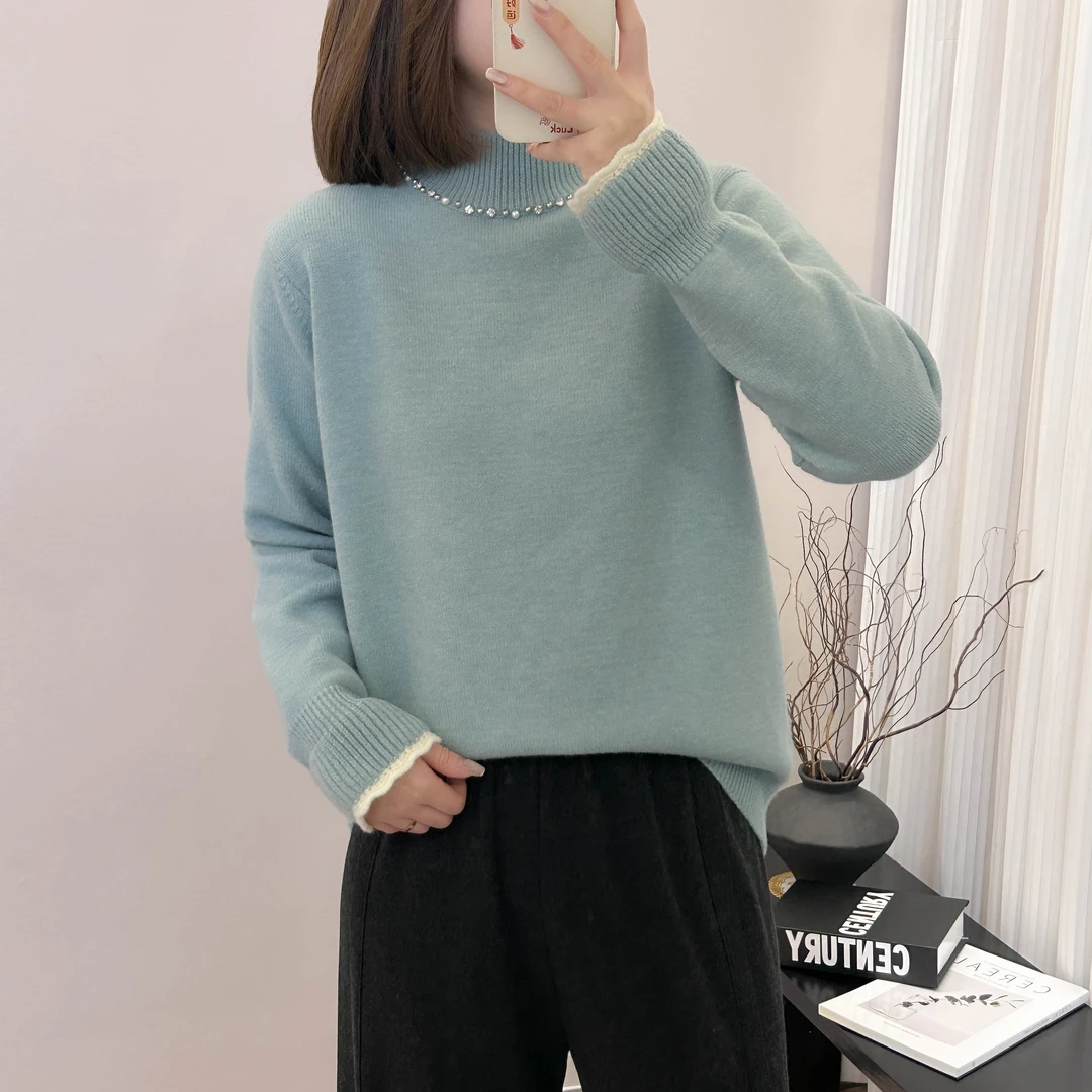 珍珠项链装饰半高领针织打底衫秋冬季新款上衣宽松韩版毛衣内搭女