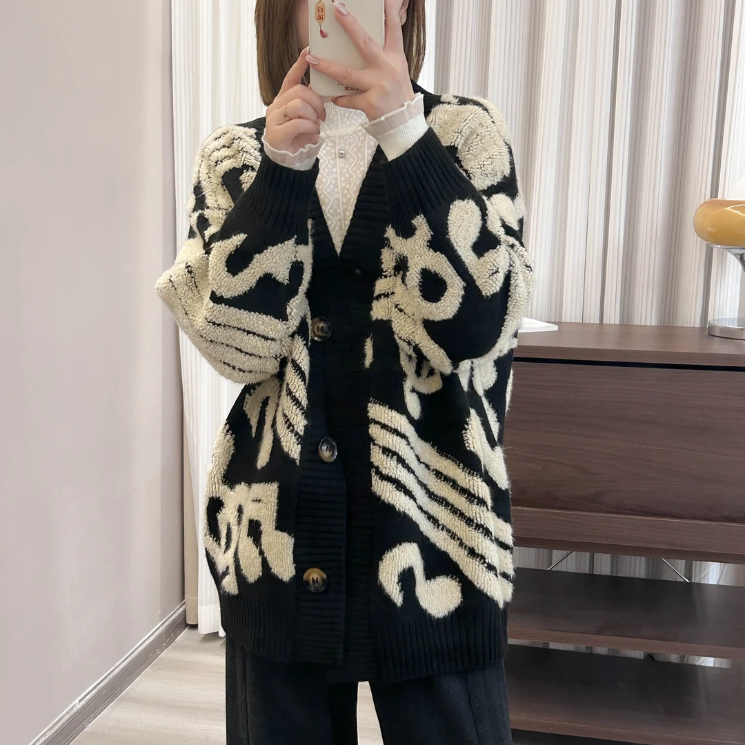 毛巾绣提花重工中长款针织开衫秋冬季新款上衣加厚宽松毛衣外套女