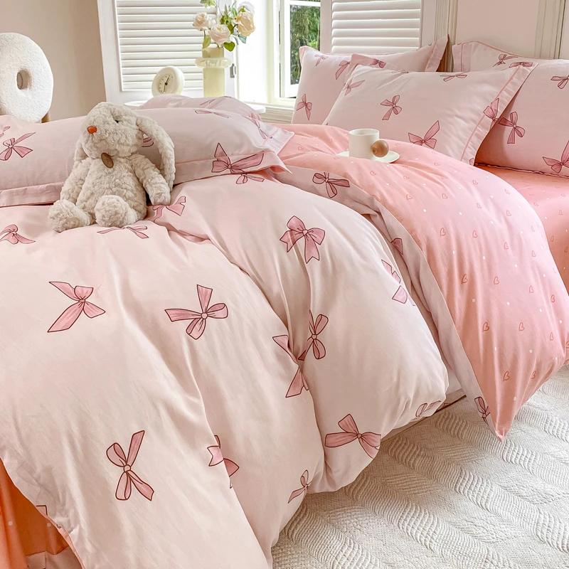 新款全棉纯棉斜纹棉被套四件套小清新印花全棉四件套裙摆款床单