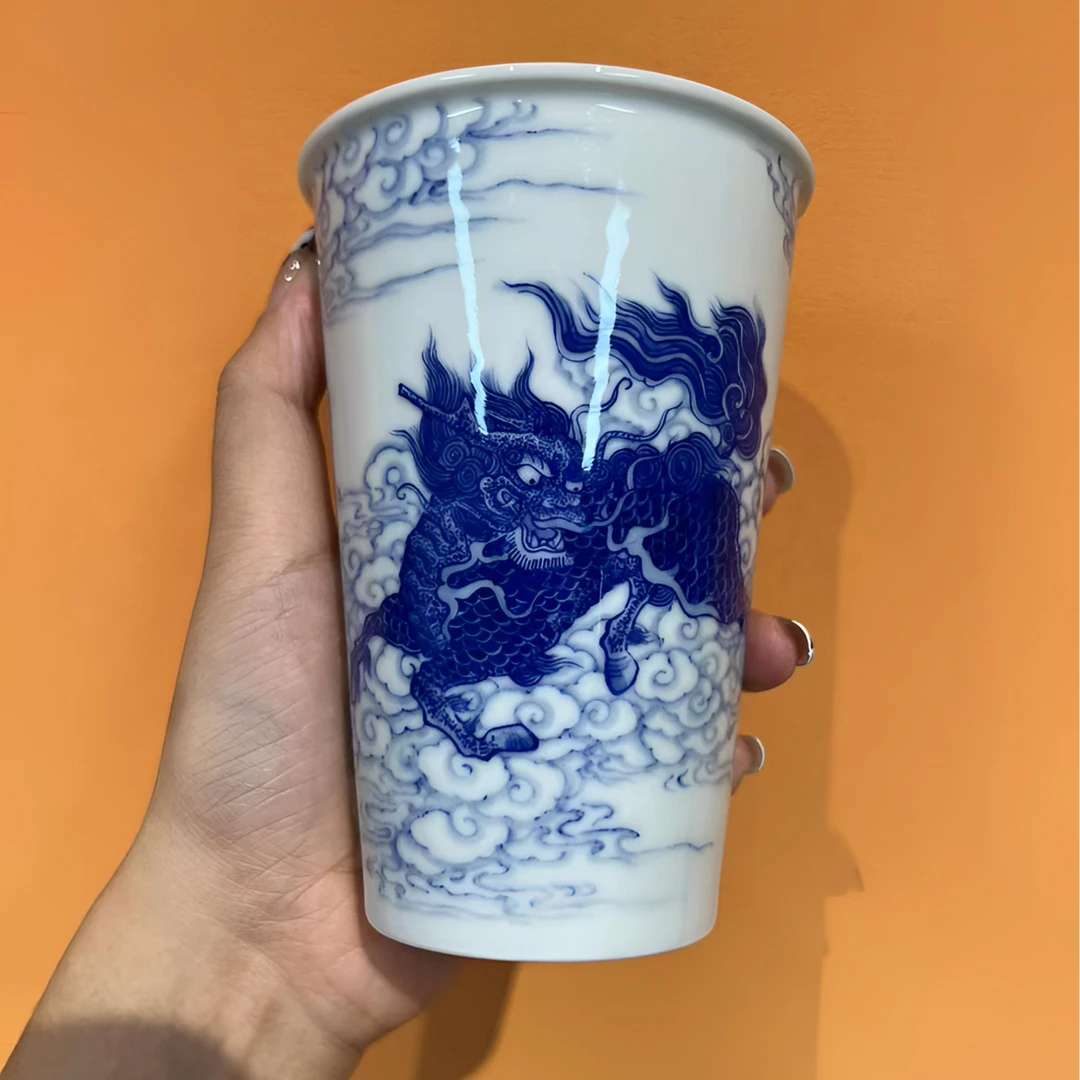 纯手工手绘青花麒麟小可乐杯 300毫升