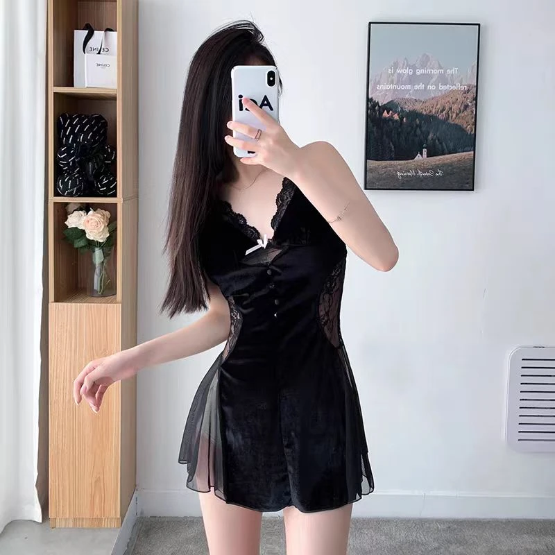 2014秋冬款金丝绒睡裙性感小野猫优雅睡袍甜美风网纱拼接纯欲套装