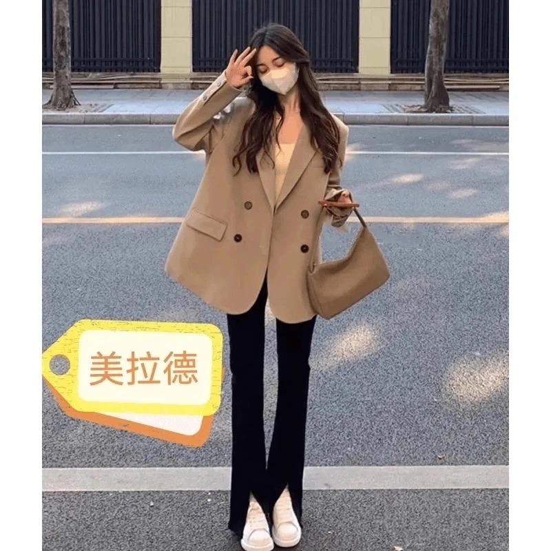 韩版西装风双排扣纯欲风小个子上衣气质款外套女大码百搭