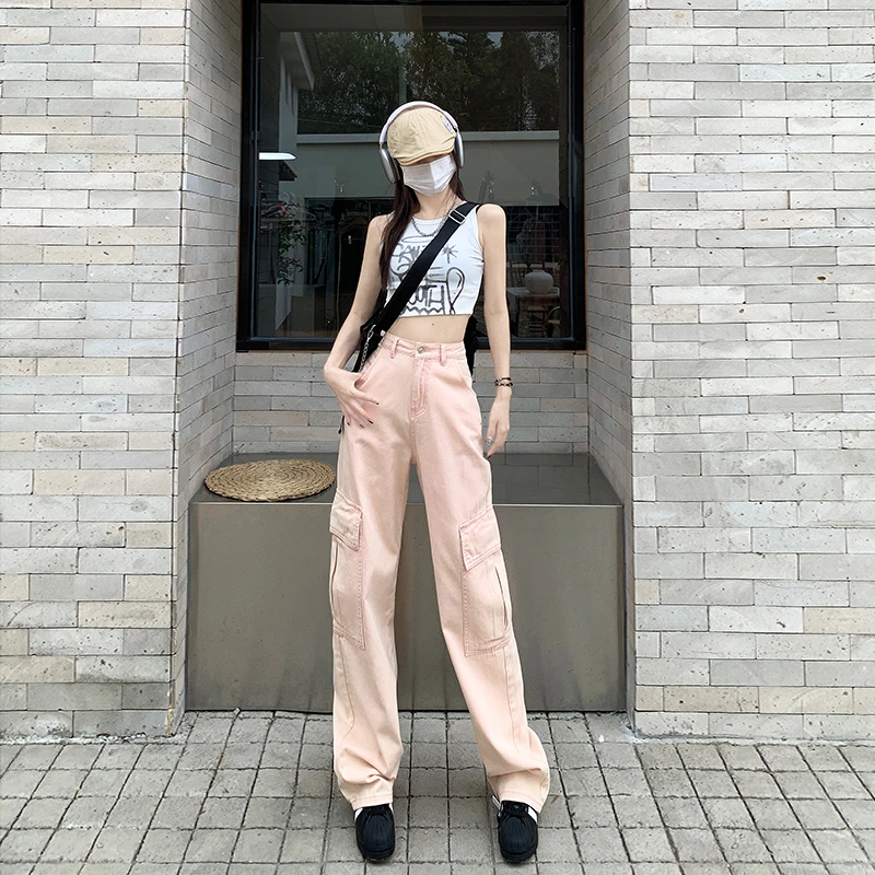 美式复古hiphop粉色工装裤女夏季高街设计感阔腿裤休闲裤子ins潮