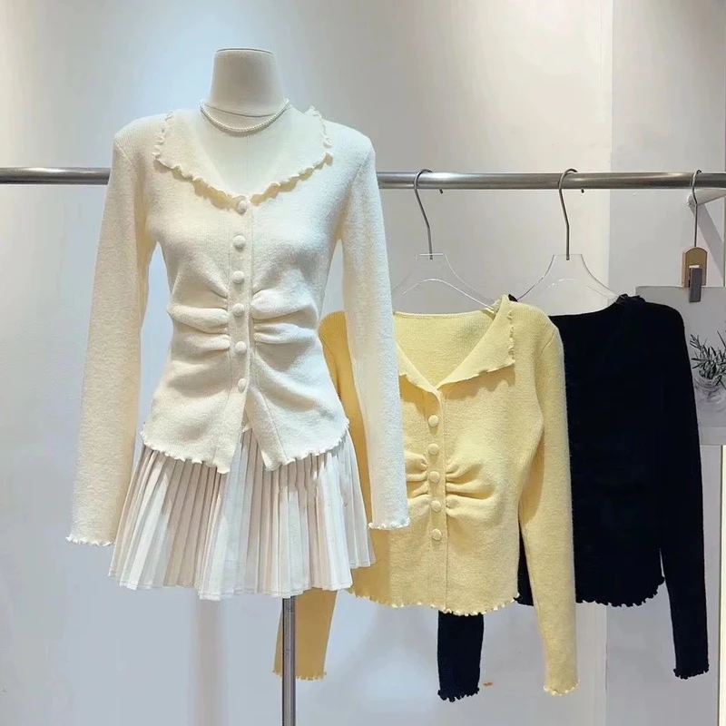 时尚纯欲时尚休闲木耳边收腰针织衫2024秋冬新款百搭修身显瘦上衣