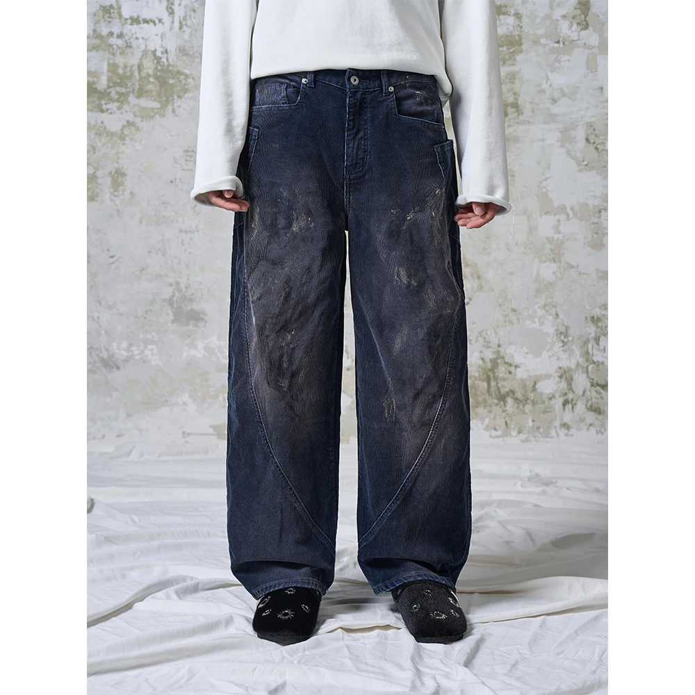 DOKIE【候鸟】宽松弯刀3D裁剪版型手工刷漆洗水灯芯绒裤32034