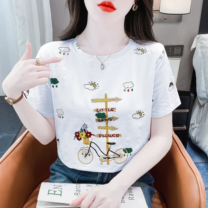 重工刺绣棉质白色t恤女短袖夏季新款宽松休闲设计感小众圆领上衣